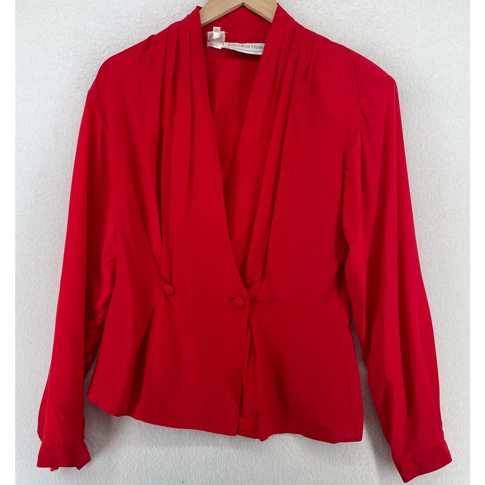 Vintage MICHELLE STUART Blouse 12 Silk Double Breasted Wrap Shoulder Pad Red